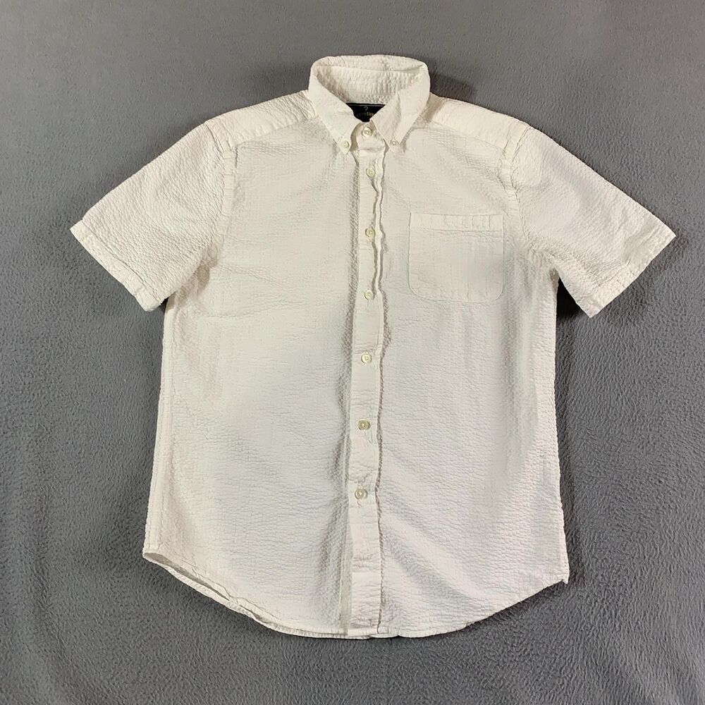 Portuguese Flannel Shirt Mens Small White Seersucker Short Sleeve Button Down